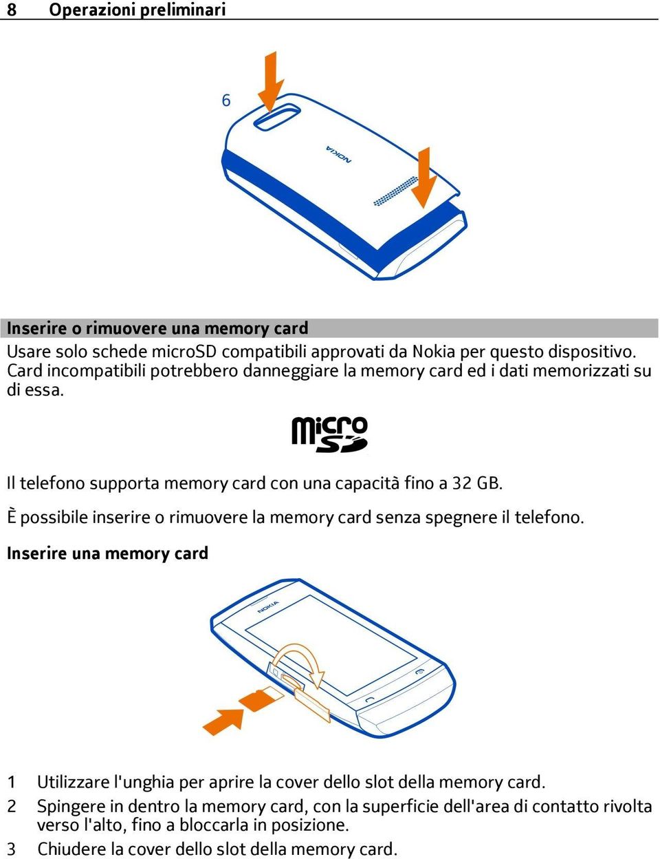 È possibile inserire o rimuovere la memory card senza spegnere il telefono.