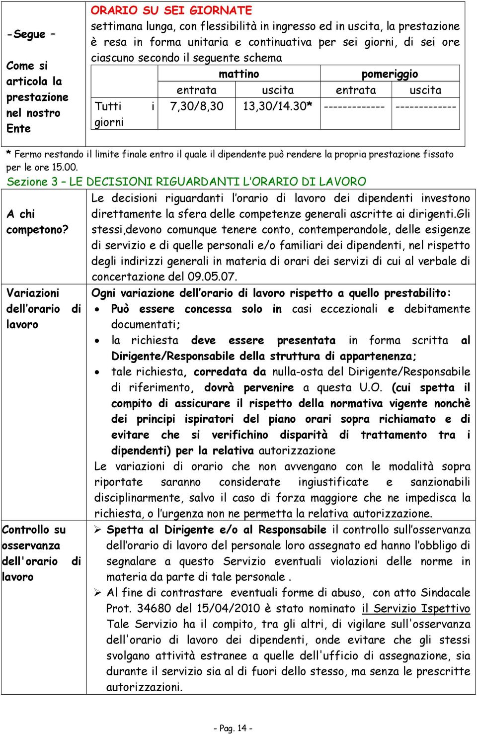 30* ------------- ------------- giorni * Fermo restando il limite finale entro il quale il dipendente può rendere la propria prestazione fissato per le ore 15.00.