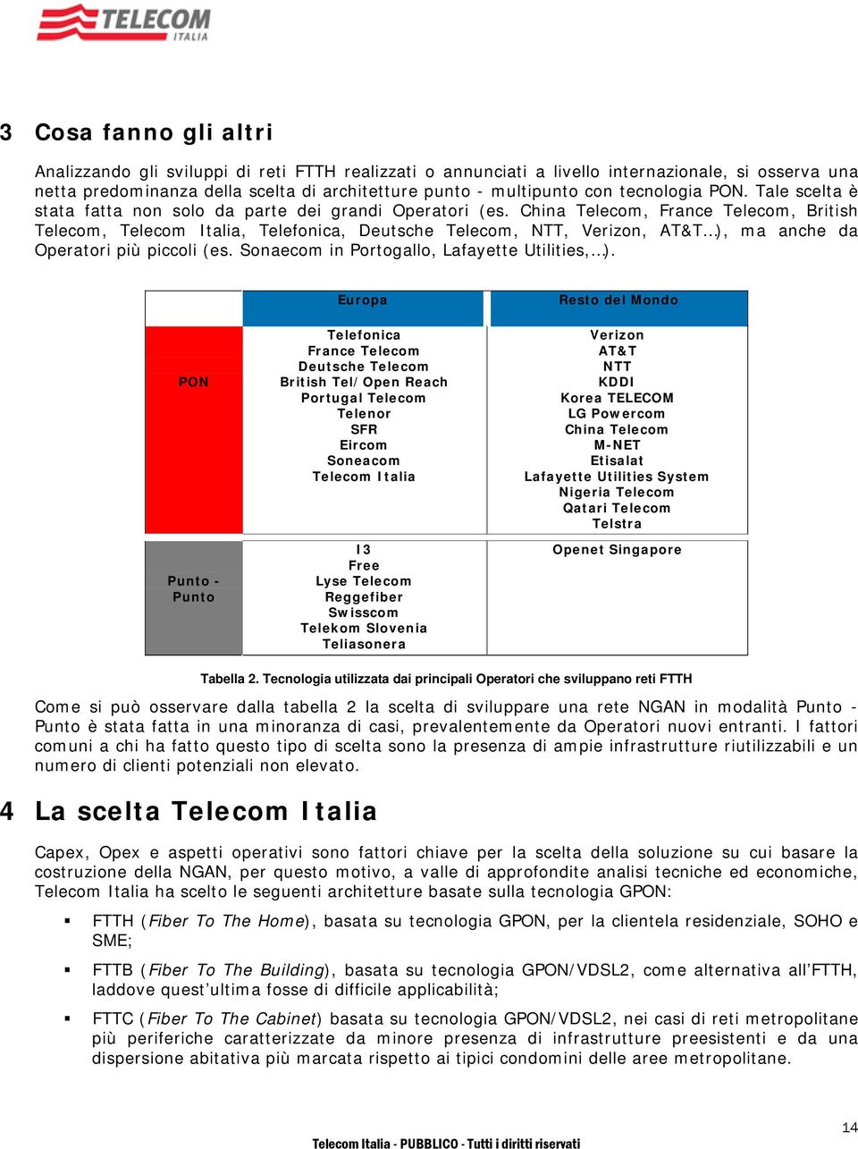 China Telecom, France Telecom, British Telecom, Telecom Italia, Telefonica, Deutsche Telecom, NTT, Verizon, AT&T ), ma anche da Operatori più piccoli (es.