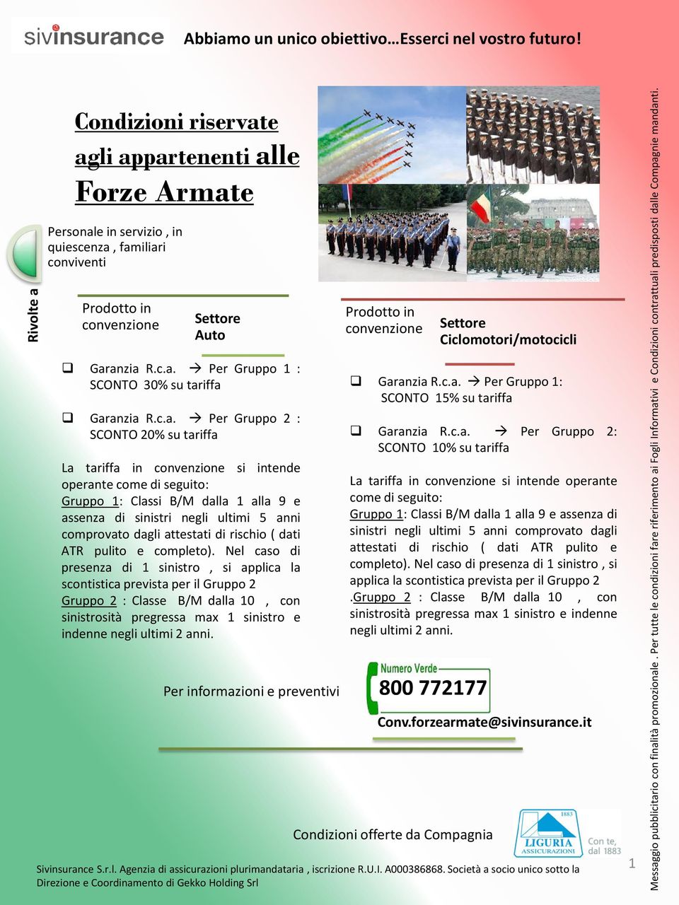 iffa R.c.a. Per Gruppo 2 : SCONTO 20% su tariffa La tariffa in convenzione si intende operante come di seguito: Gruppo 1: Classi B/M dalla 1 alla 9 e assenza di sinistri negli ultimi 5 anni