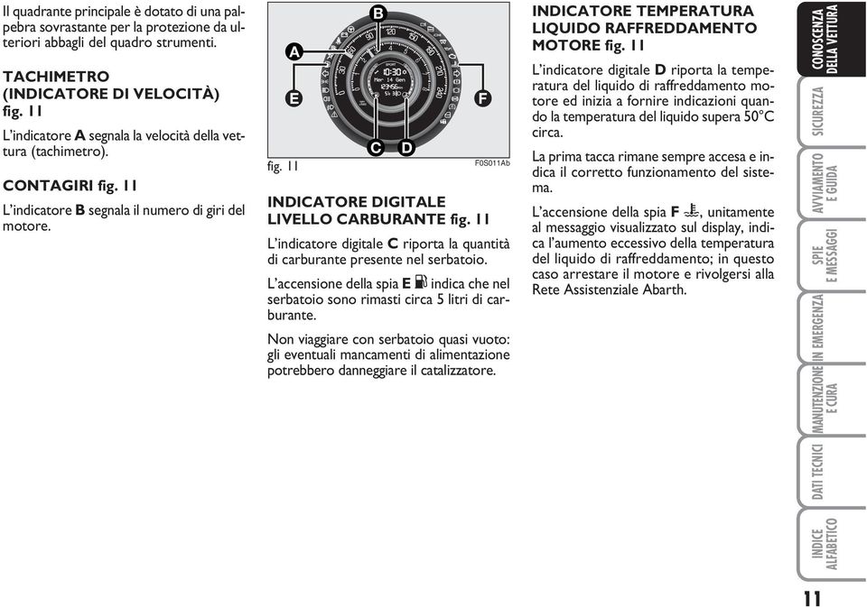 11 B C D F F0S011Ab INDICATORE DIGITALE LIVELLO CARBURANTE fig. 11 L indicatore digitale C riporta la quantità di carburante presente nel serbatoio.