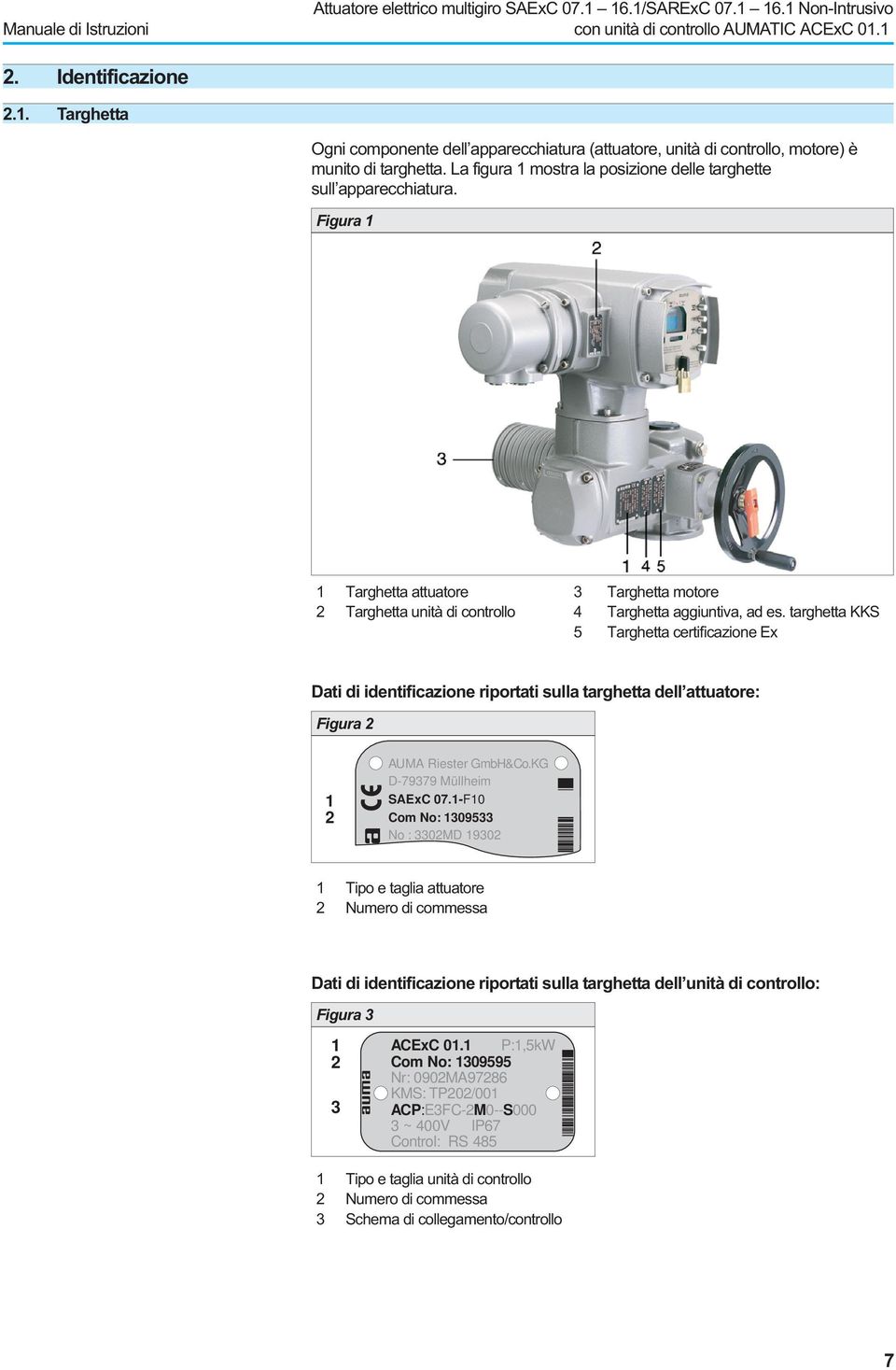 targhetta KKS 5 Targhetta certificazione Ex Dati di identificazione riportati sulla targhetta dell attuatore: Figura 2 1 2 a CC AUMA Riester GmbH&Co.KG D-79379 Müllheim SAExC 07.