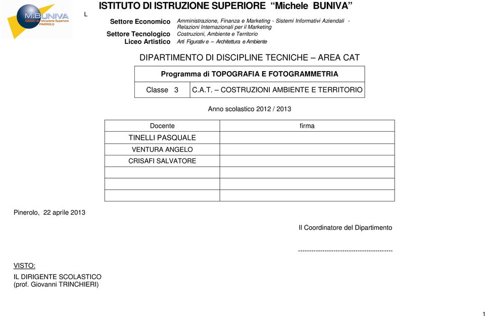 COSTRUZIONI AMBIENTE E TERRITORIO Anno scolastico 0 / 03 Docente TINELLI PASQUALE VENTURA