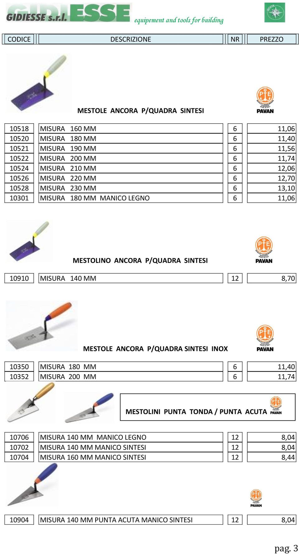 12 8,70 MESTOLE ANCORA P/QUADRA SINTESI INOX 10350 MISURA 180 MM 6 11,40 10352 MISURA 200 MM 6 11,74 MESTOLINI PUNTA TONDA / PUNTA ACUTA 10706 MISURA 140 MM