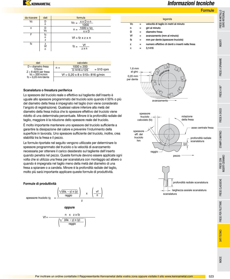 m/min fz = 0,20 mm/dente calcolato = 510 rpm Vf = 0,20 x 8 x 510= 816 g/min 1,6 mm al giro 0,20 mm per dente rotazione Scanalatura o fresatura periferica Lo spessore del truciolo reale o effettivo