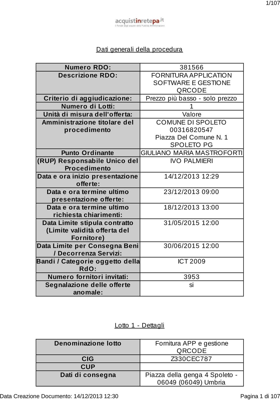 1 SPOLETO PG Punto Ordinante GIULIANO MARIA MASTROFORTI (RUP) Responsabile Unico del IVO PALMIERI Procedimento Data e ora inizio presentazione 14/12/2013 12:29 offerte: Data e ora termine ultimo