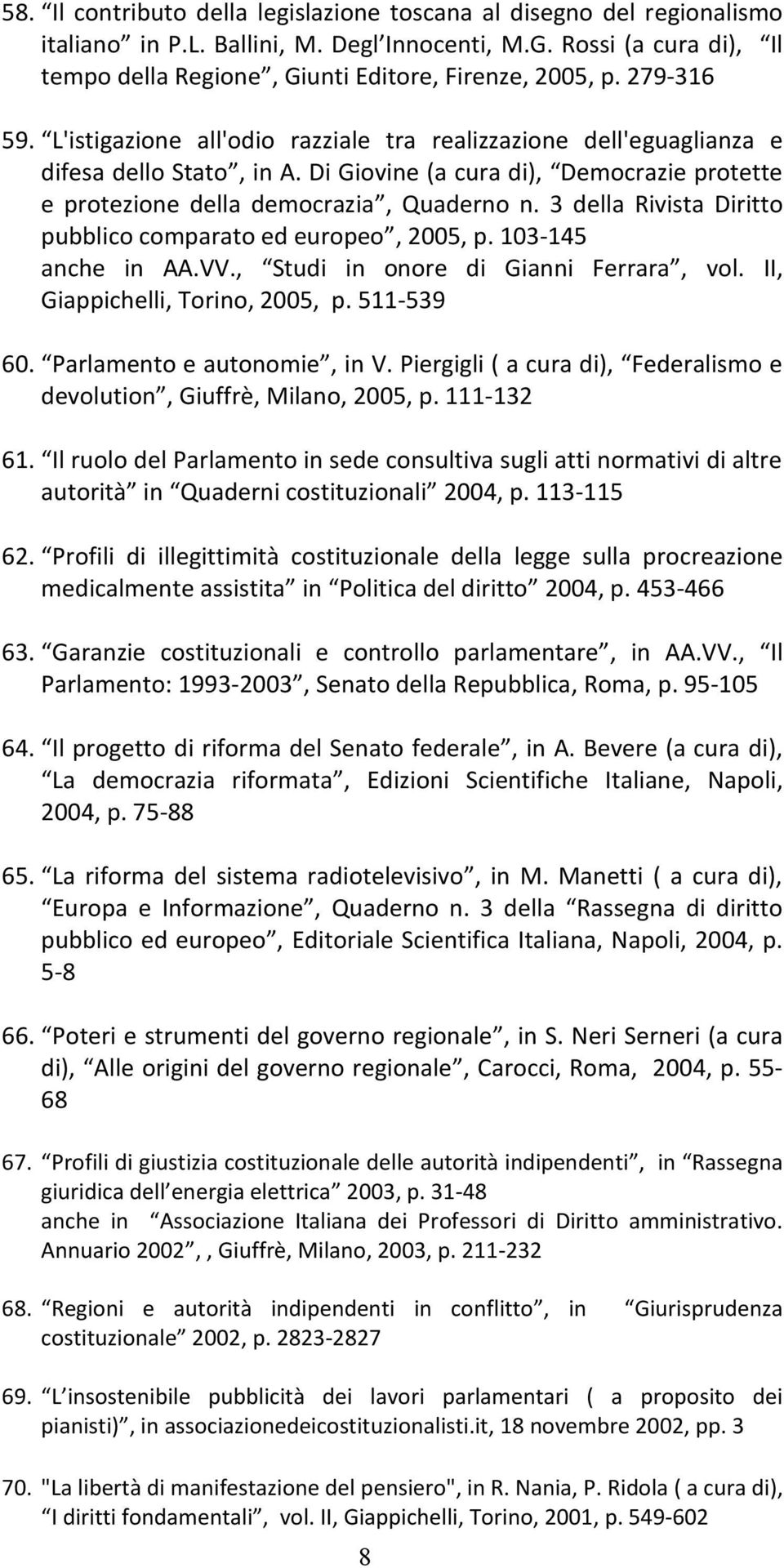 3 della Rivista Diritto pubblico comparato ed europeo, 2005, p. 103-145 anche in AA.VV., Studi in onore di Gianni Ferrara, vol. II, Giappichelli, Torino, 2005, p. 511-539 60.