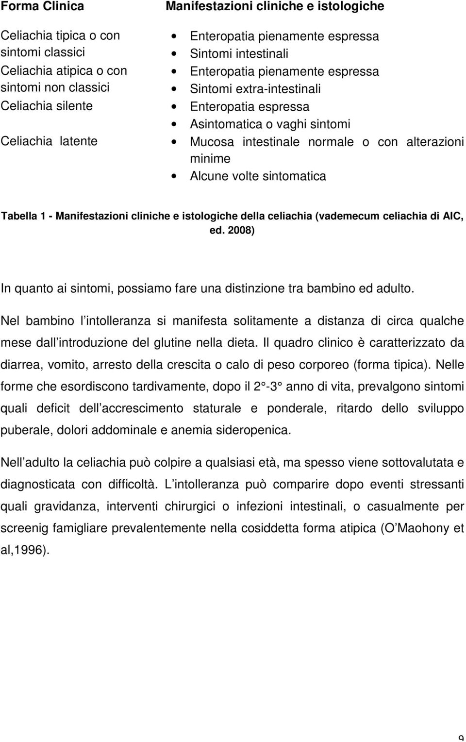 volte sintomatica Tabella 1 - Manifestazioni cliniche e istologiche della celiachia (vademecum celiachia di AIC, ed. 2008) In quanto ai sintomi, possiamo fare una distinzione tra bambino ed adulto.