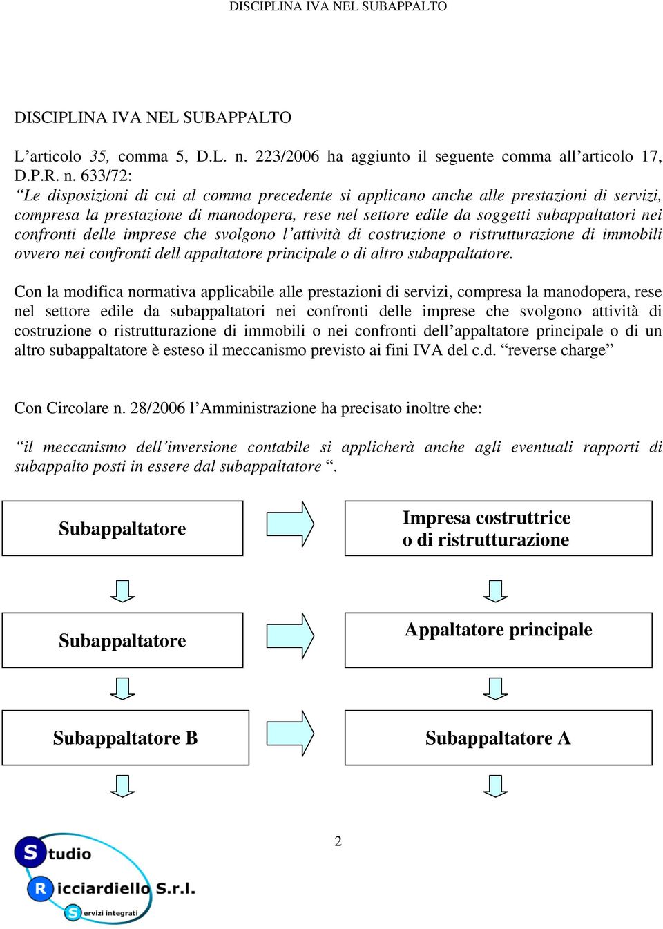 633/72: Le disposizioni di cui al comma precedente si applicano anche alle prestazioni di servizi, compresa la prestazione di manodopera, rese nel settore edile da soggetti subappaltatori nei