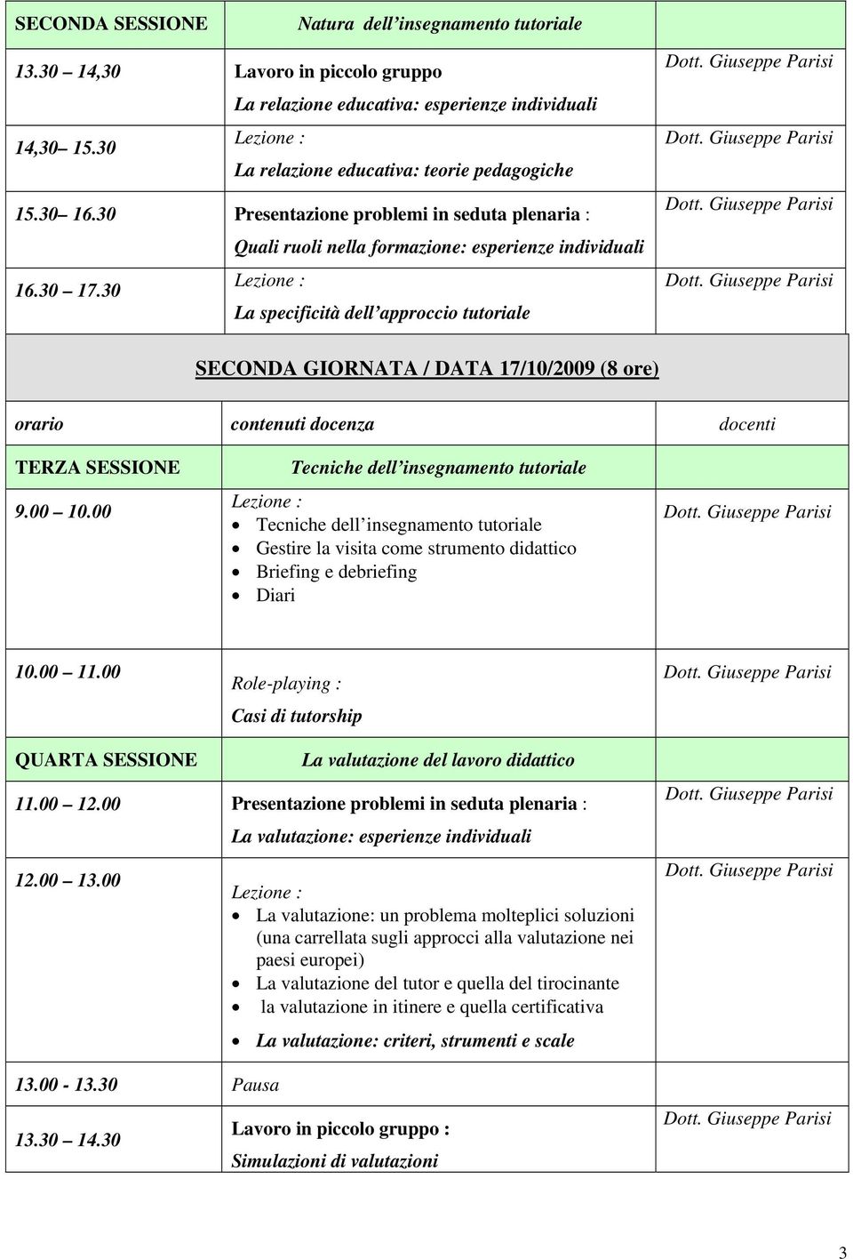 30 La specificità dell approccio tutoriale SECONDA GIORNATA / DATA 17/10/2009 (8 ore) orario contenuti docenza docenti TERZA SESSIONE 9.00 10.