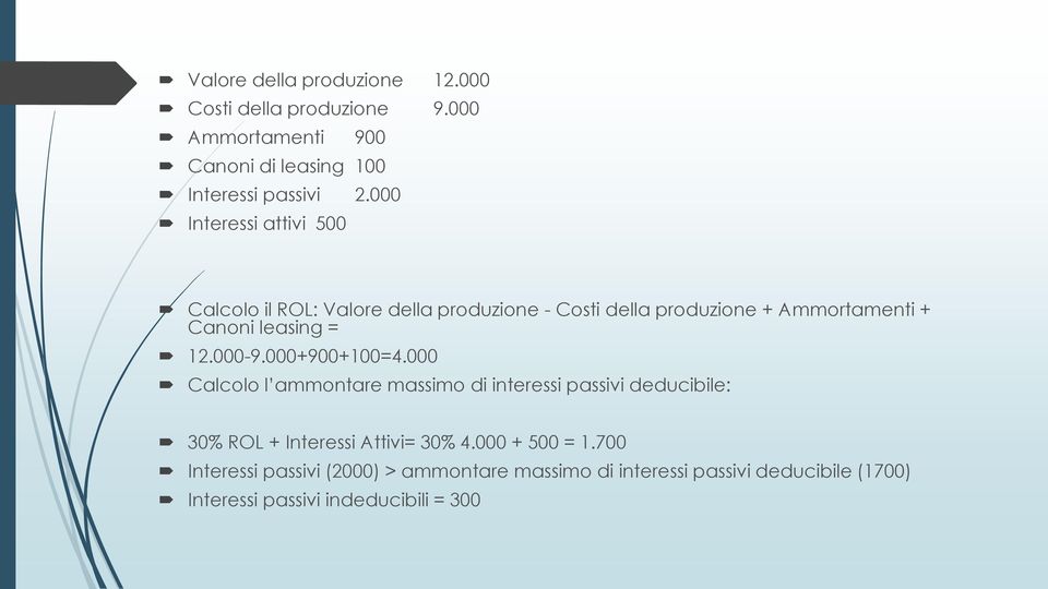 12.000-9.000+900+100=4.000 Calcolo l ammontare massimo di interessi passivi deducibile: 30% ROL + Interessi Attivi= 30% 4.