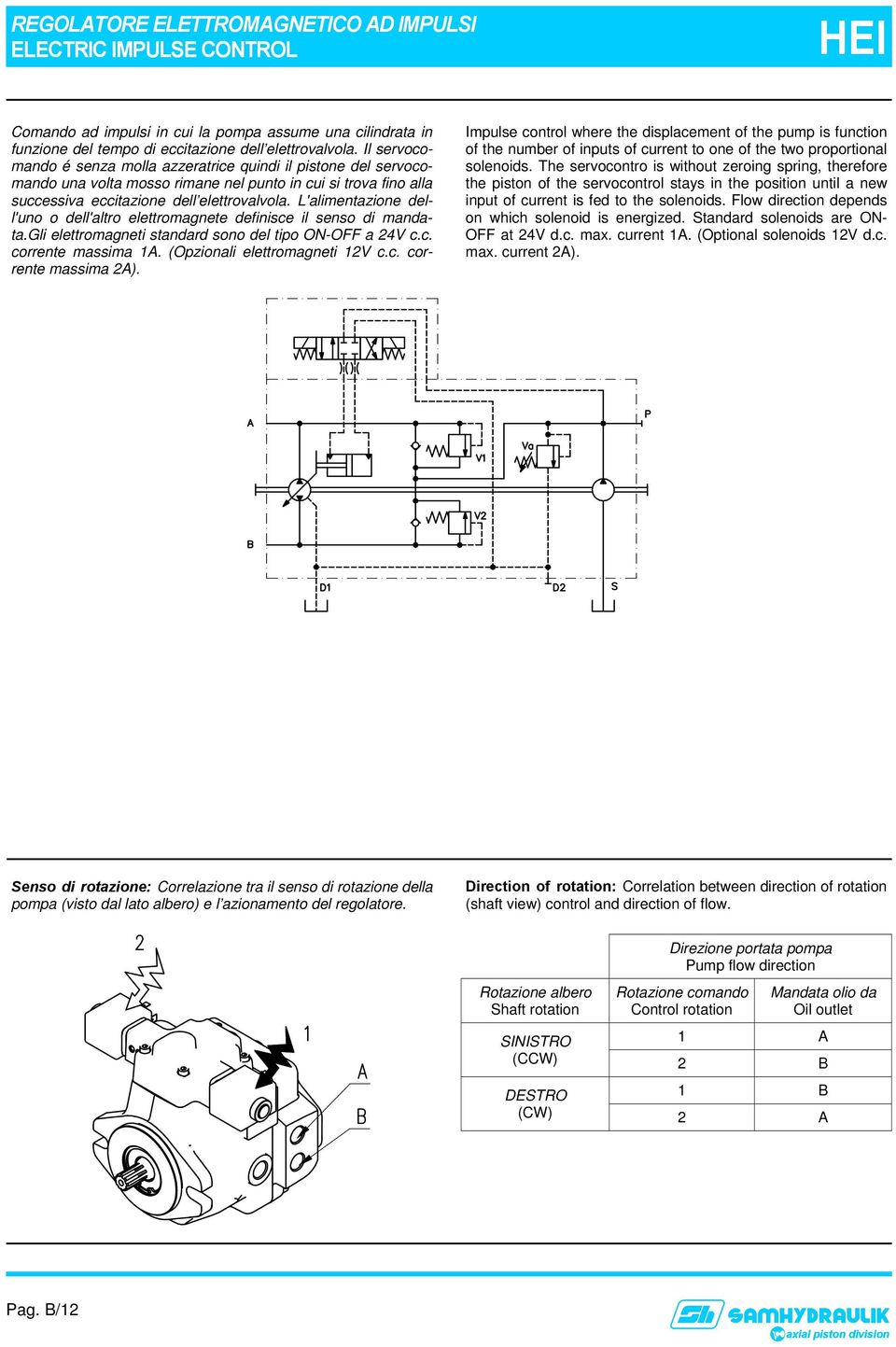 L'alimentazione dell'uno o dell'altro elettromagnete definisce il senso di mandata.gli elettromagneti standard sono del tipo ON-OFF a 24V c.c. corrente massima 1A. (Opzionali elettromagneti 12V c.c. corrente massima 2A).