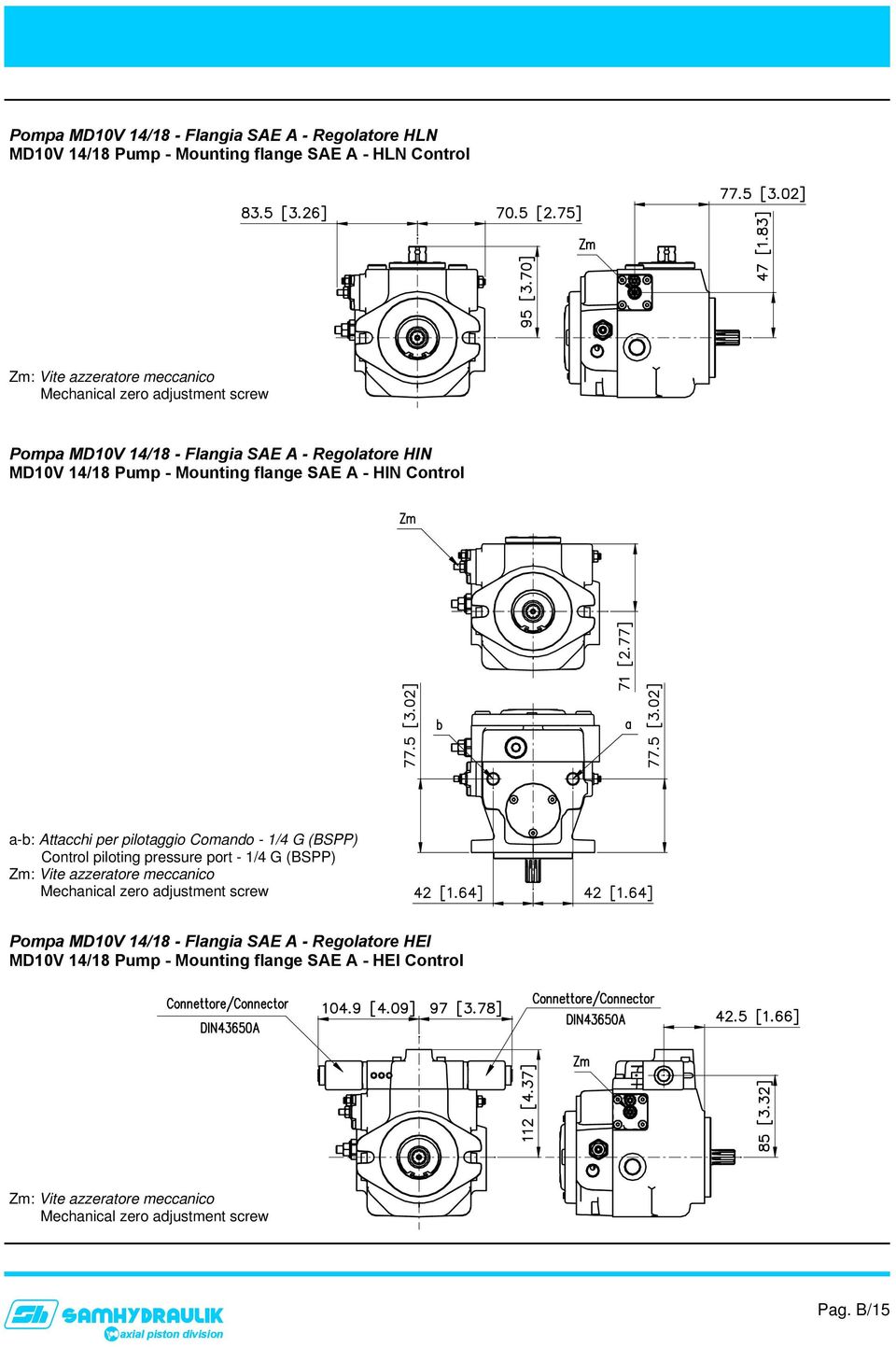 Comando - 1/4 G (BSPP) Control piloting pressure port - 1/4 G (BSPP) Zm: Vite azzeratore meccanico Mechanical zero adjustment screw Pompa MD10V 14/18 -