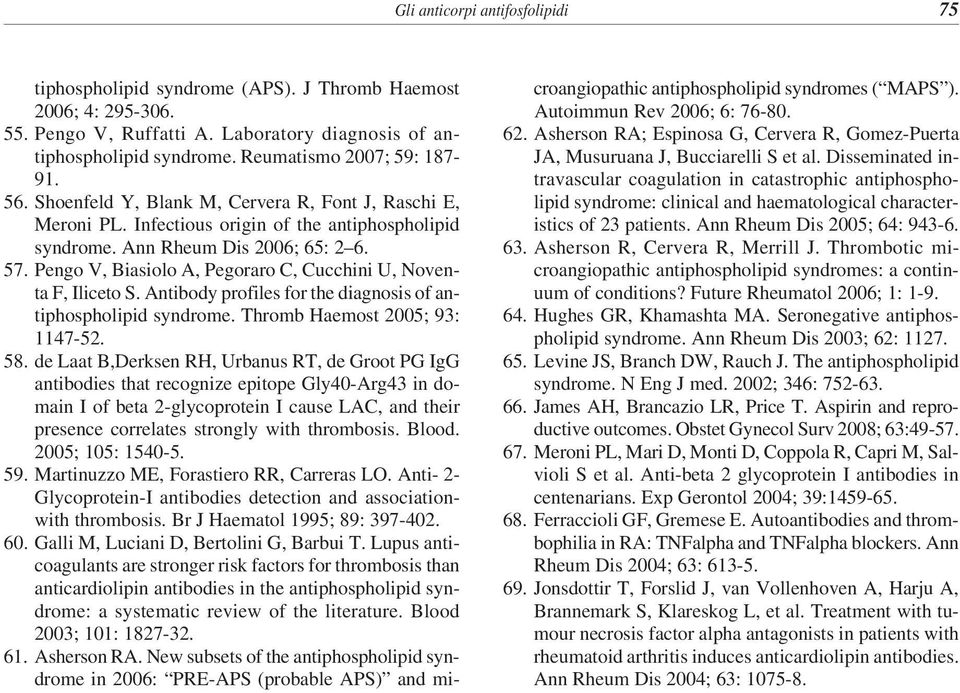 Pengo V, Biasiolo A, Pegoraro C, Cucchini U, Noventa F, Iliceto S. Antibody profiles for the diagnosis of antiphospholipid syndrome. Thromb Haemost 2005; 93: 1147-52. 58.