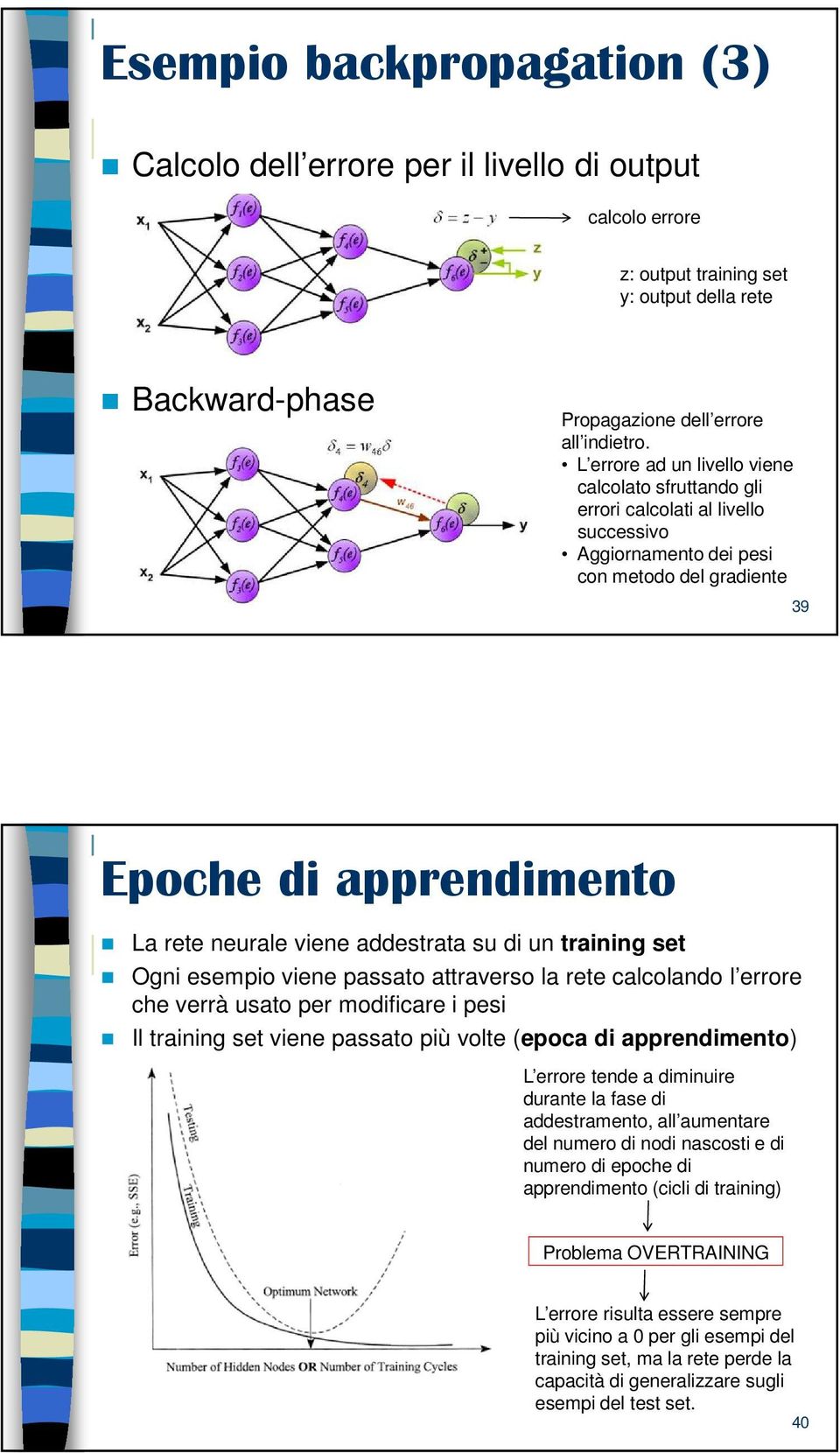 addestrata su di un training set Ogni esempio viene passato attraverso la rete calcolando l errore che verrà usato per modificare i pesi Il training set viene passato più volte (epoca di