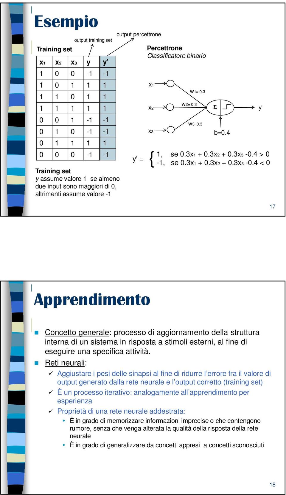 4 y 17 Apprendimento Concetto generale: processo di aggiornamento della struttura interna di un sistema in risposta a stimoli esterni, al fine di eseguire una specifica attività.