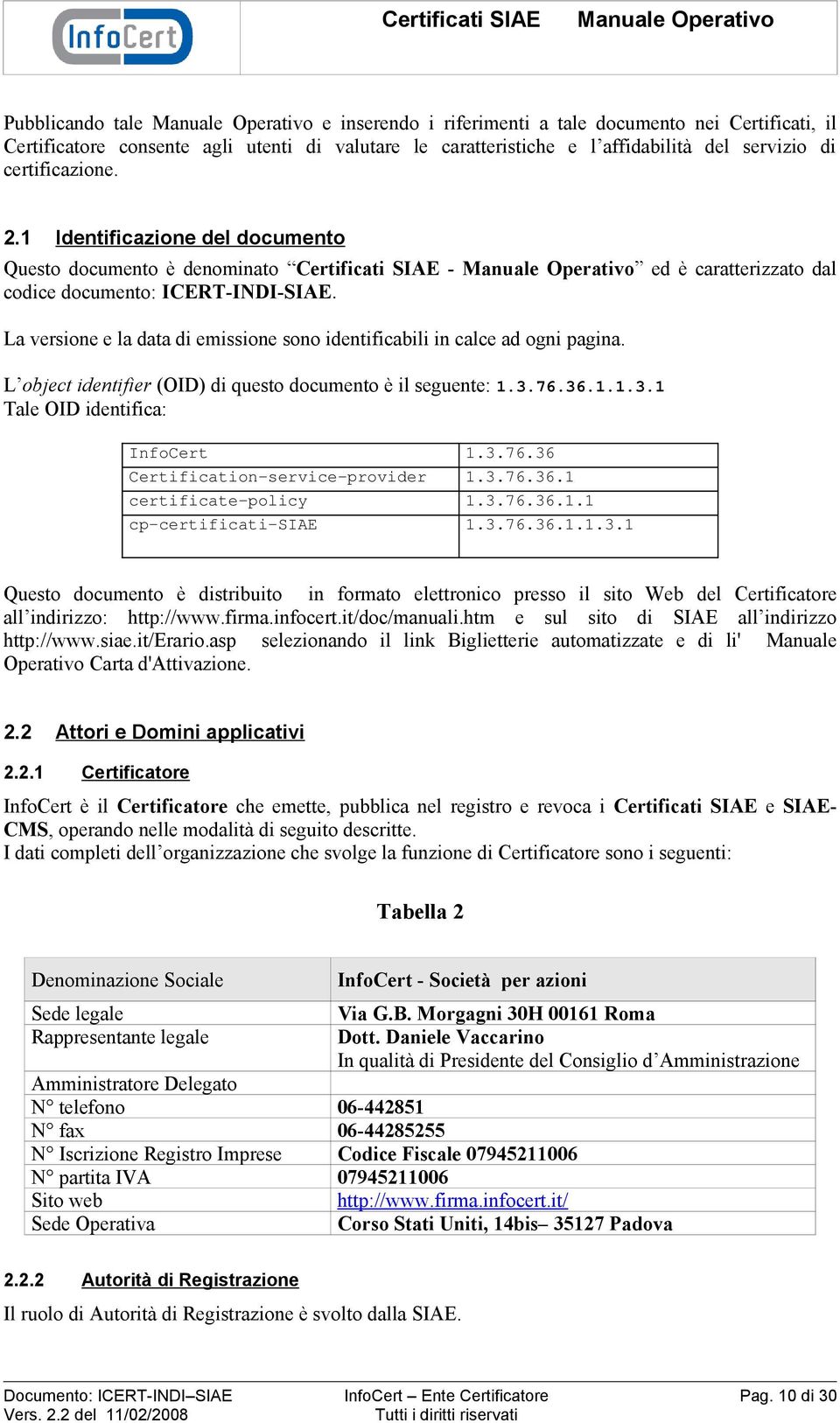La versione e la data di emissione sono identificabili in calce ad ogni pagina. L object identifier (OID) di questo documento è il seguente: 1.3.76.36.1.1.3.1 Tale OID identifica: InfoCert 1.3.76.36 Certification-service-provider 1.