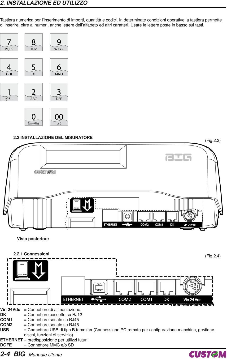 2 INSTALLAZIONE DEL MISURATORE (Fig.2.3) Vista posteriore 2.2.1 Connessioni (Fig.2.4) Vin 24Vdc = Connettore di alimentazione DK = Connettore cassetto su RJ12 COM1 = Connettore seriale su