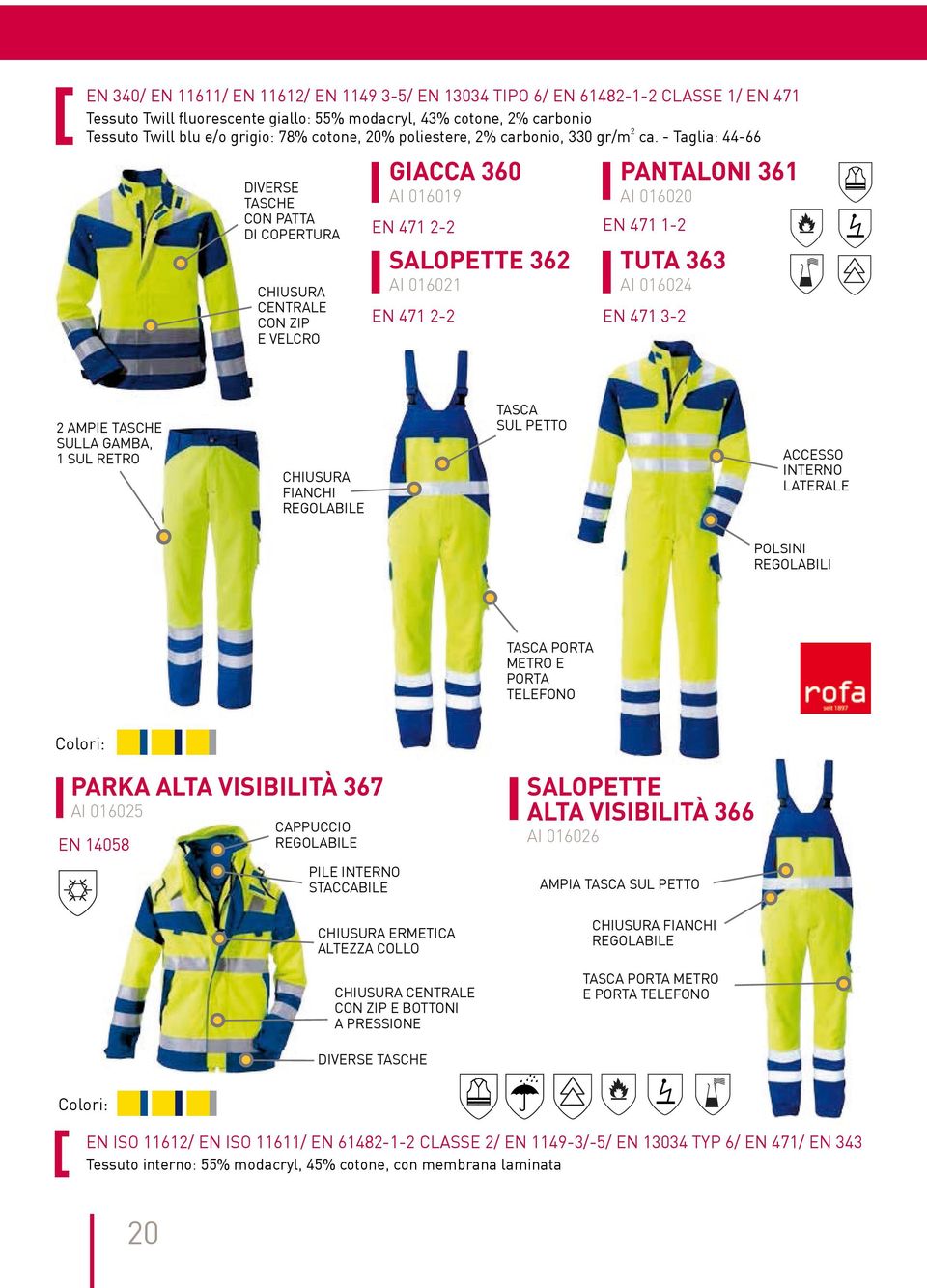 - Taglia: 44-66 DIVERSE TASCHE CON PATTA DI COPERTURA CHIUSURA CENTRALE CON ZIP E VELCRO GIACCA 360 AI 016019 EN 471 2-2 SALOPETTE 362 AI 016021 EN 471 2-2 PANTALONI 361 AI 016020 EN 471 1-2 TUTA 363