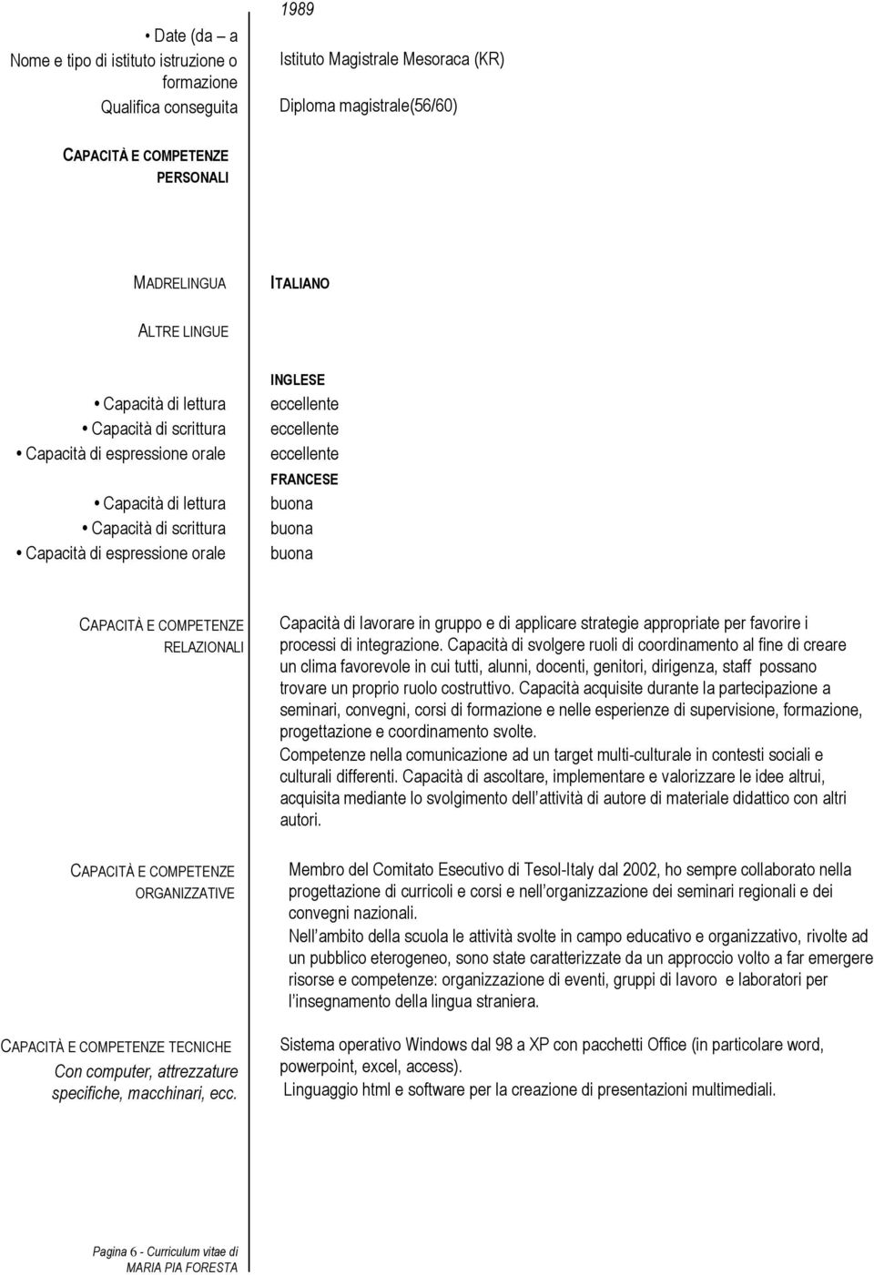 buona CAPACITÀ E COMPETENZE RELAZIONALI CAPACITÀ E COMPETENZE ORGANIZZATIVE CAPACITÀ E COMPETENZE TECNICHE Con computer, attrezzature specifiche, macchinari, ecc.