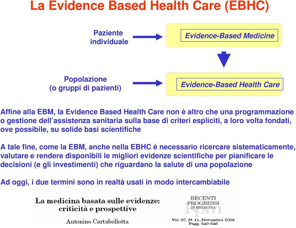 possibile, su solide basi scientifiche A tale fine, come la EBM, anche nella EBHC è necessario ricercare sistematicamente, valutare e rendere disponibili le migliori