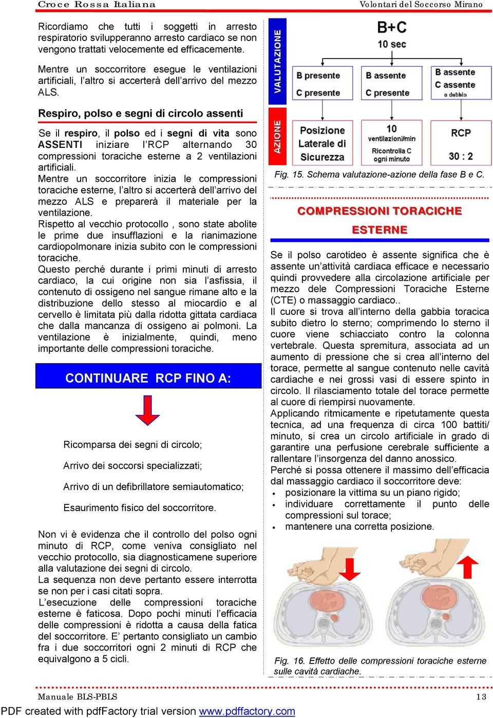 Respiro, polso e segni di circolo assenti Se il respiro, il polso ed i segni di vita sono ASSENTI iniziare l RCP alternando 30 compressioni toraciche esterne a 2 ventilazioni artificiali.