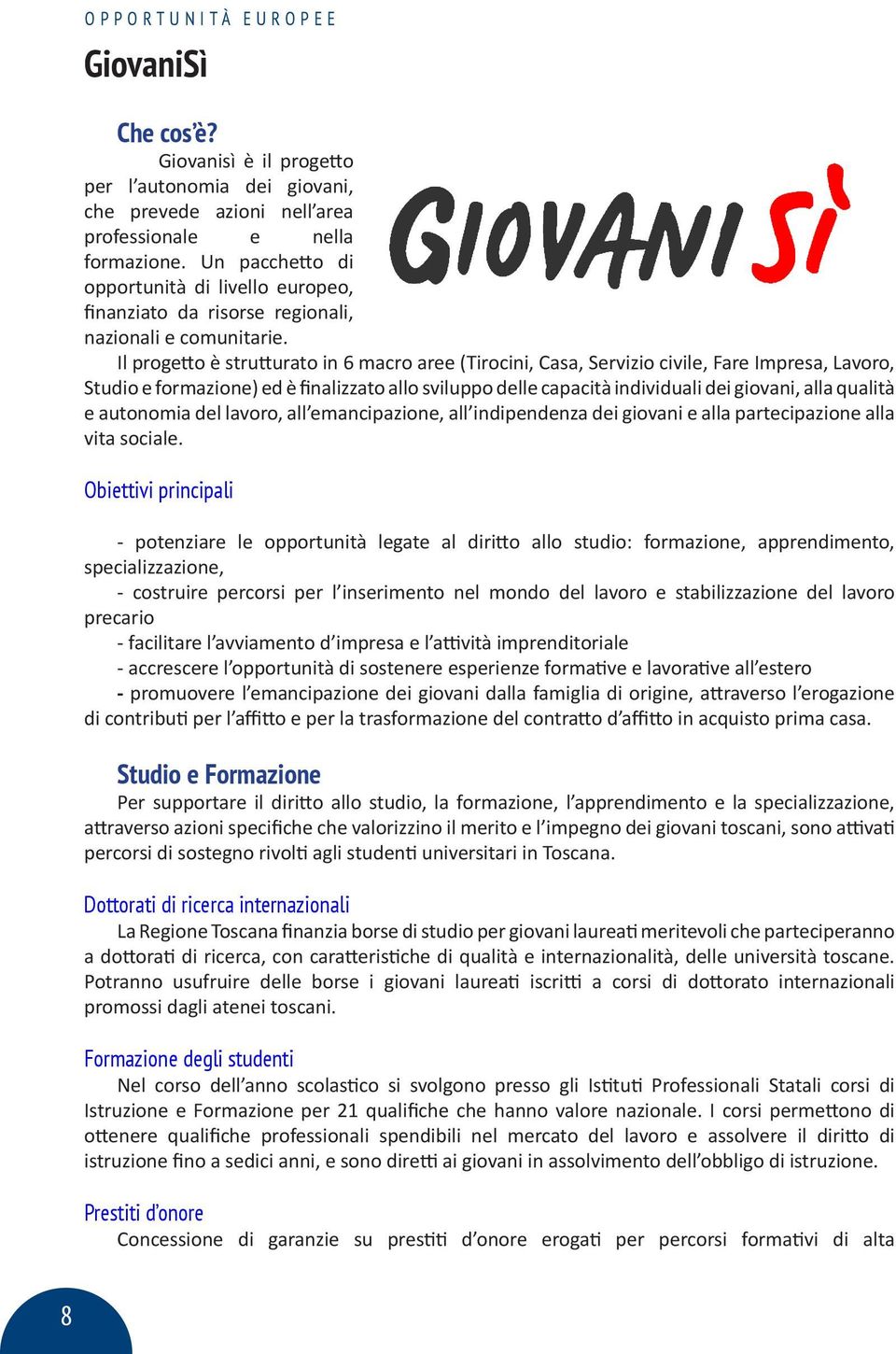 Il progetto è strutturato in 6 macro aree (Tirocini, Casa, Servizio civile, Fare Impresa, Lavoro, Studio e formazione) ed è finalizzato allo sviluppo delle capacità individuali dei giovani, alla