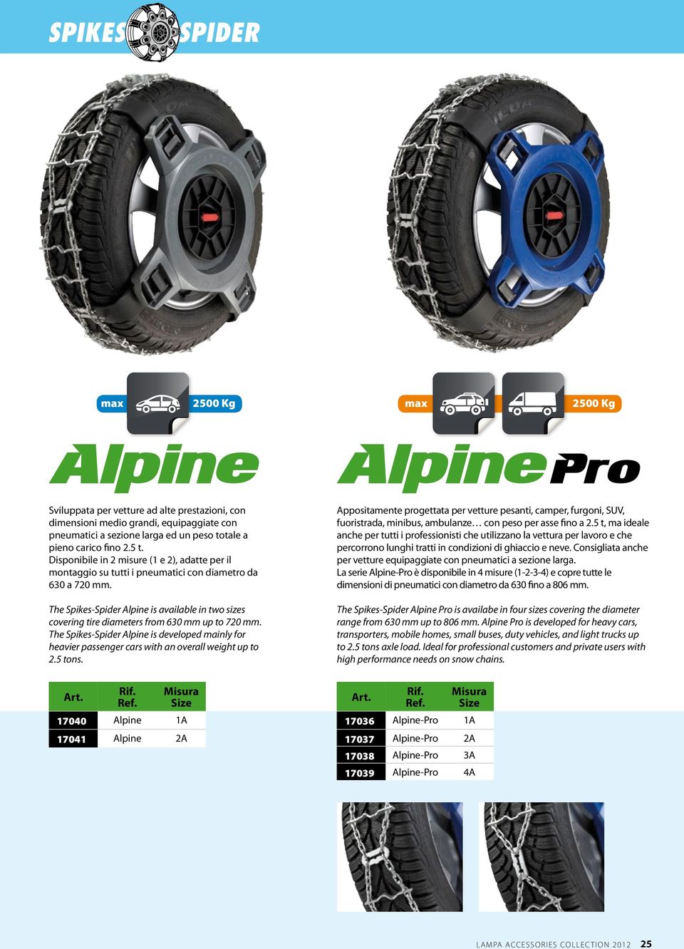 The Spikes-Spider Alpine is available in two sizes covering tire diameters from 630 mm up to 720 mm.
