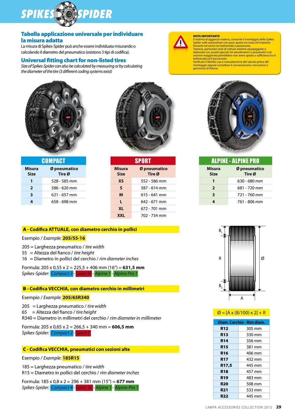 Universal fitting chart for non-listed tires of Spikes-Spider can also be calculated by measuring or by calculating the diameter of the tire (3 different coding systems exist) NOTA IMPORTANTE Il