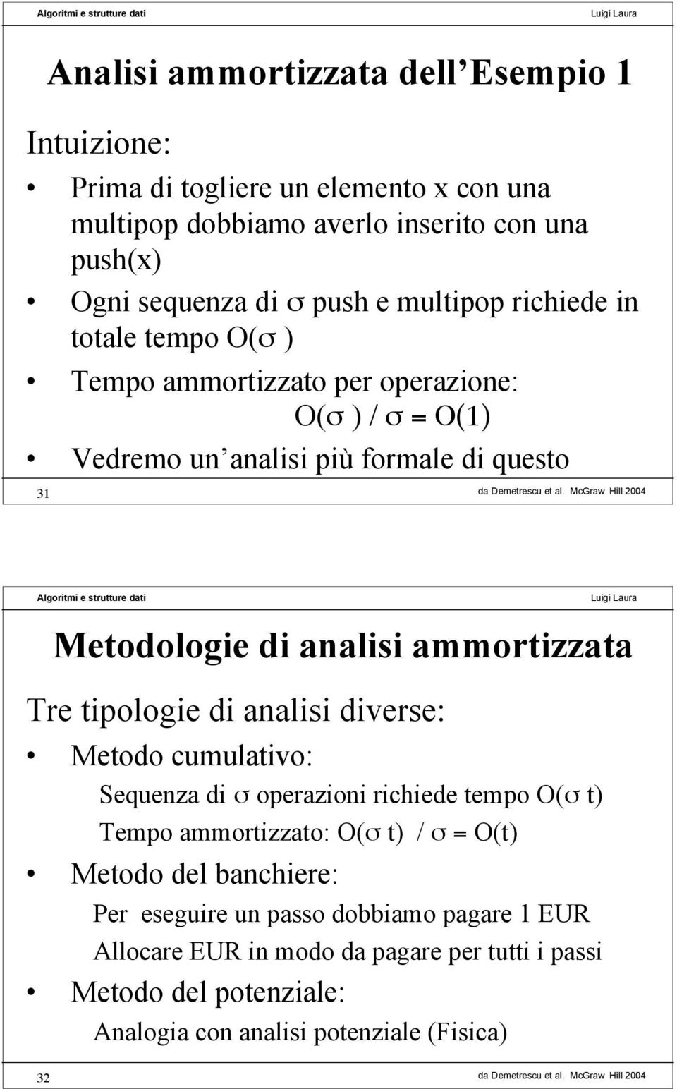 ammortizzata Tre tipologie di analisi diverse: Metodo cumulativo: Sequenza di σ operazioni richiede tempo O(σ t) Tempo ammortizzato: O(σ t) / σ = O(t) Metodo del