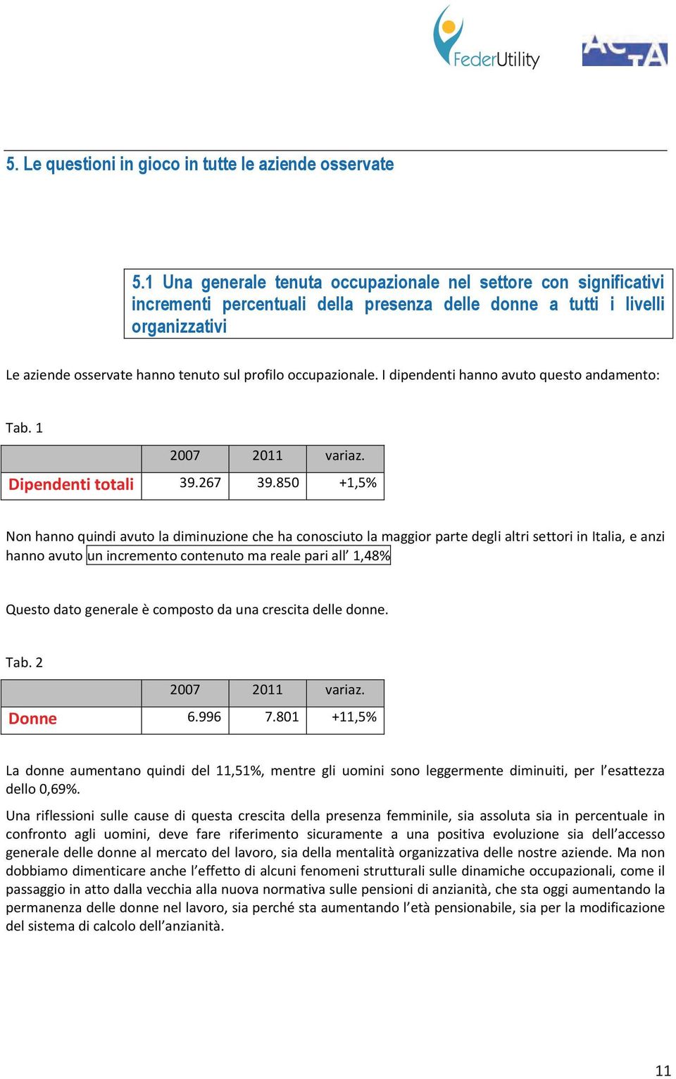 Leaziendeosservatehannotenutosulprofilooccupazionale.Idipendentihannoavutoquestoandamento: Tab.1 2007 2011 variaz. Dipendentitotali 39.267 39.