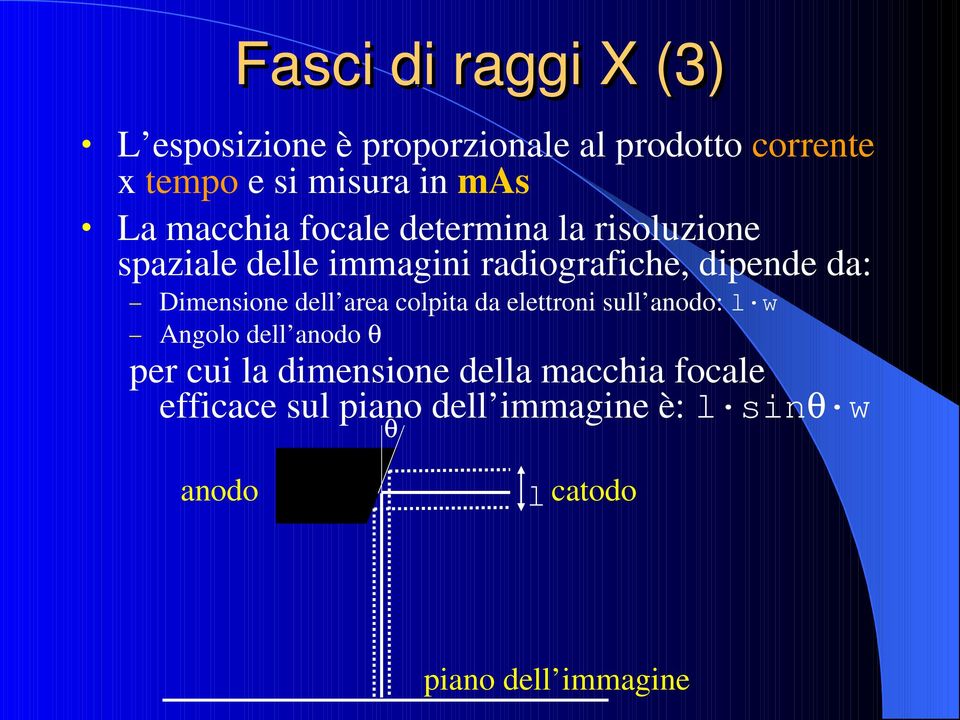 Dimensione dell area colpita da elettroni sull anodo: l w Angolo dell anodo θ per cui la