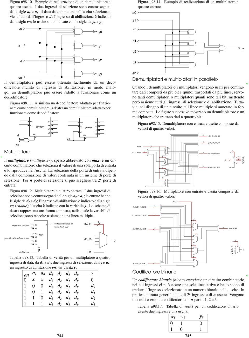 le uscite sono indicate con le sigle da y 0 a y 3. Figura u98.14. Esempio di realizzazione di un multiplatore a quattro entrate.