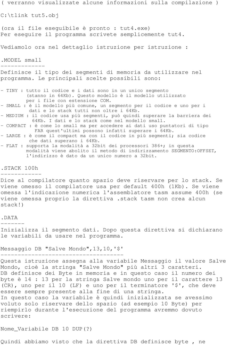 Le principali scelte possibili sono: - TINY : tutto il codice e i dati sono in un unico segmento (stanno in 64Kb). Questo modello è il modello utilizzato per i file con estensione COM.