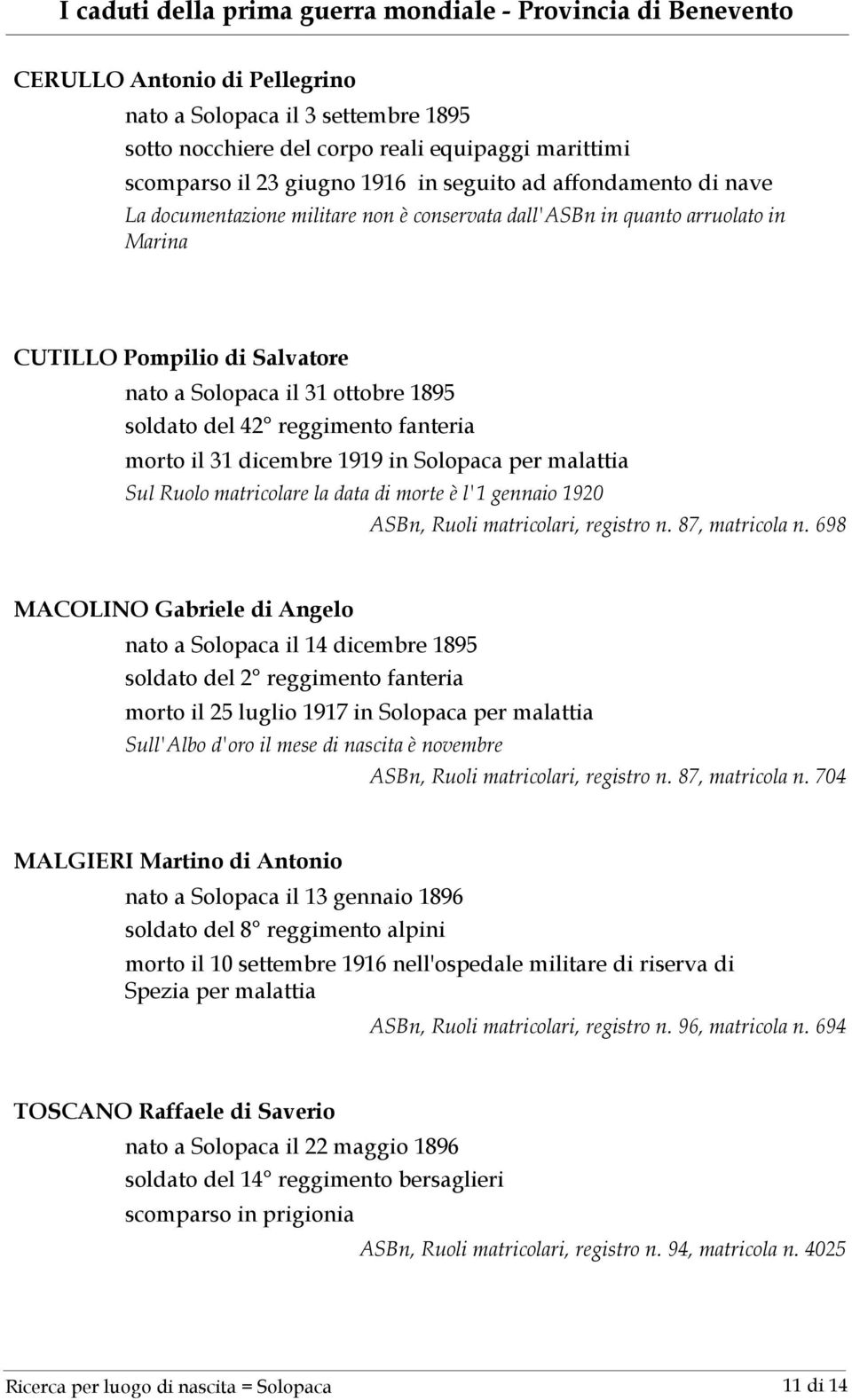 Solopaca per Sul Ruolo matricolare la data di morte è l'1 gennaio 1920 ASBn, Ruoli matricolari, registro n. 87, matricola n.