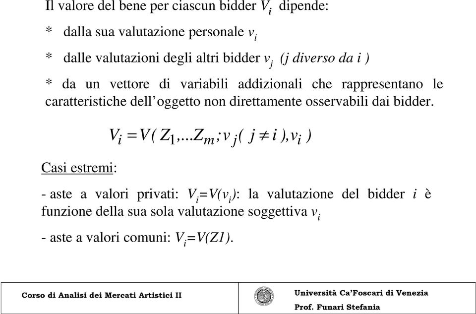 non direttamente osservabili dai bidder. V i = V( Z1,.