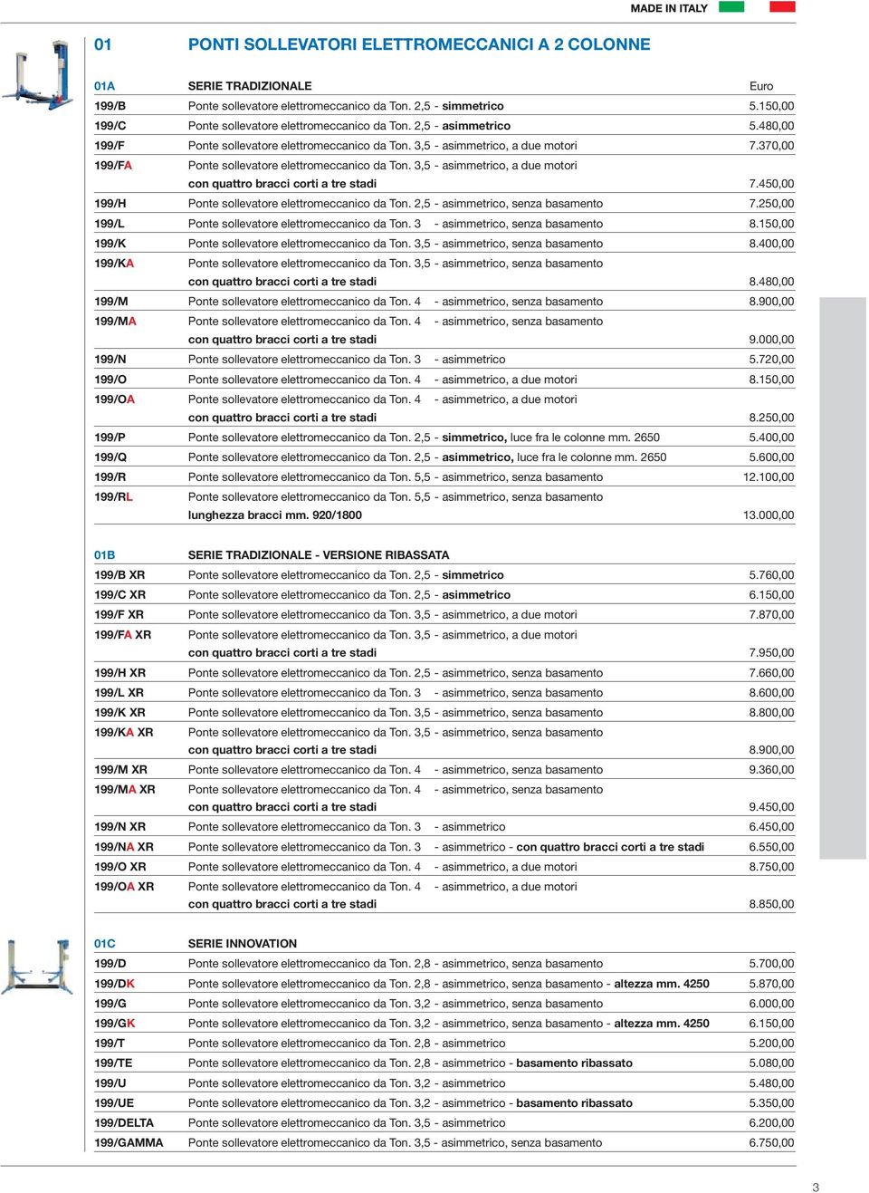 370,00 199/FA Ponte sollevatore elettromeccanico da Ton. 3,5 - asimmetrico, a due motori con quattro bracci corti a tre stadi 7.450,00 199/H Ponte sollevatore elettromeccanico da Ton.