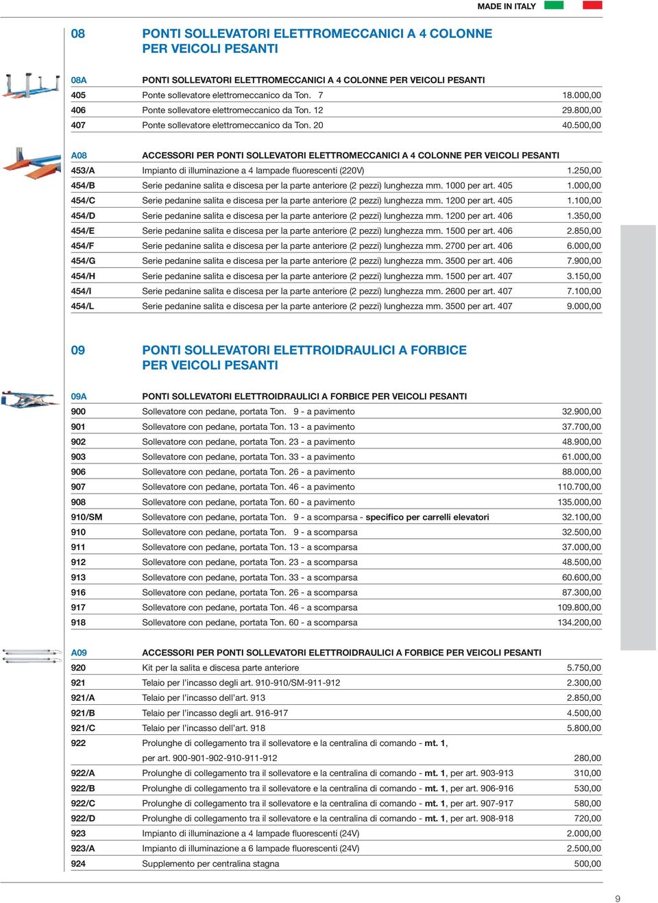 500,00 A08 ACCESSORI PER PONTI SOLLEVATORI ELETTROMECCANICI A 4 COLONNE PER VEICOLI PESANTI 453/A Impianto di illuminazione a 4 lampade fluorescenti (220V) 1.