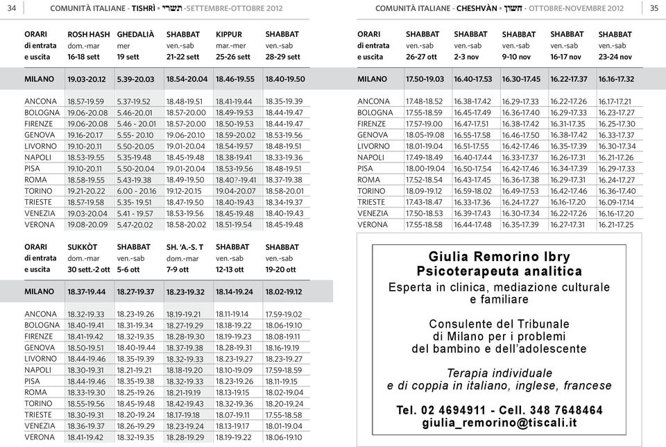 -sab 2-3 nov Shabbat ven.-sab 9-10 nov Shabbat ven.-sab 16-17 nov Shabbat ven.-sab 23-24 nov Milano 19.03-20.12 5.39-20.03 18.54-20.04 18.46-19.55 18.40-19.50 Milano 17.50-19.03 16.40-17.53 16.30-17.