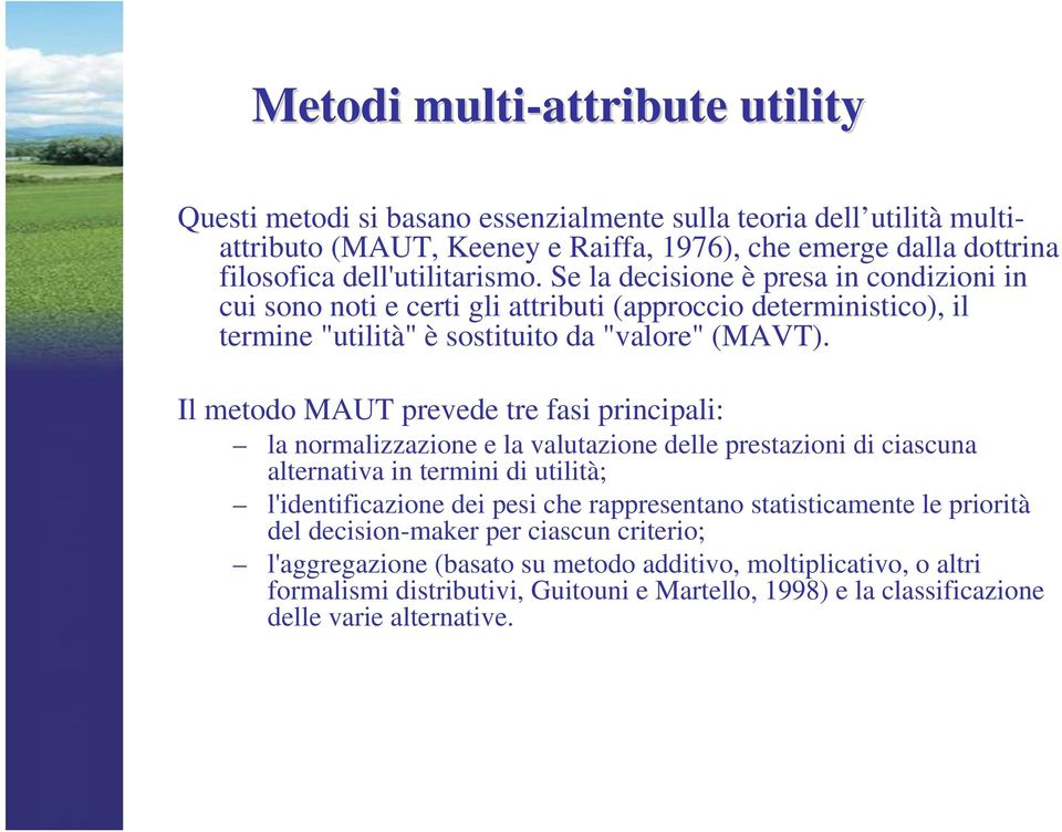 Il metodo MAUT prevede tre fasi principali: la normalizzazione e la valutazione delle prestazioni di ciascuna alternativa in termini di utilità; l'identificazione dei pesi che rappresentano