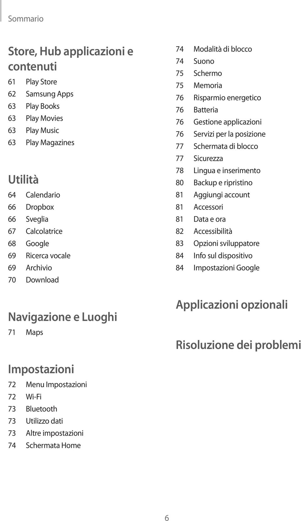 Servizi per la posizione 77 Schermata di blocco 77 Sicurezza 78 Lingua e inserimento 80 Backup e ripristino 81 Aggiungi account 81 Accessori 81 Data e ora 82 Accessibilità 83 Opzioni sviluppatore 84