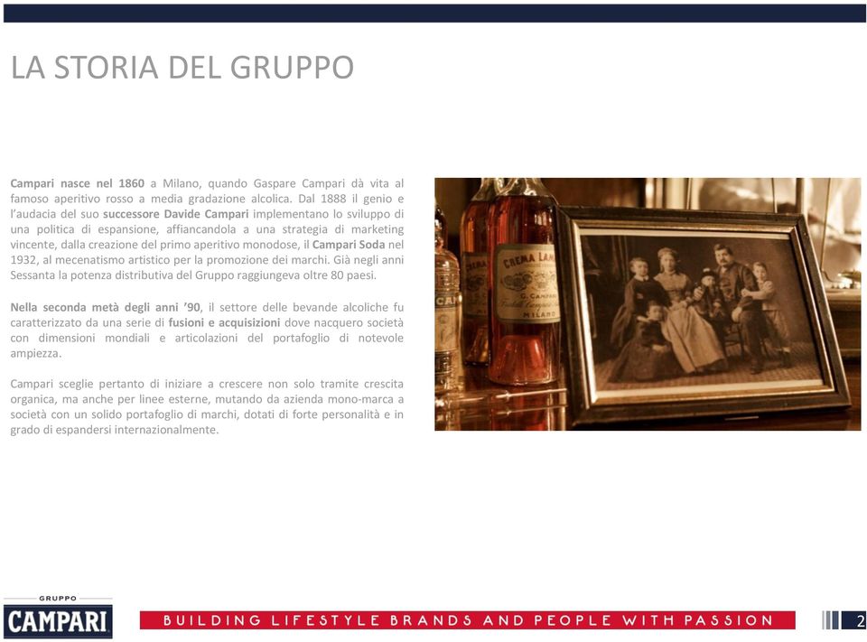 aperitivo monodose, il Campari Soda nel 1932, al mecenatismo artistico per la promozione dei marchi. Già negli anni Sessanta la potenza distributiva del Gruppo raggiungeva oltre 80 paesi.