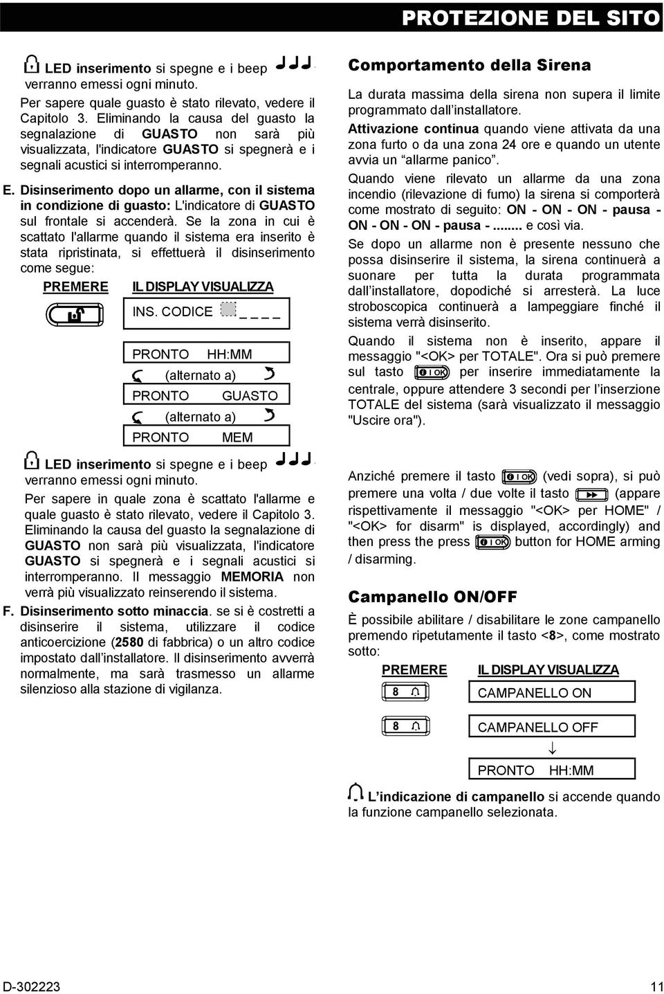 Disinserimento dopo un allarme, con il sistema in condizione di guasto: L'indicatore di GUASTO sul frontale si accenderà.