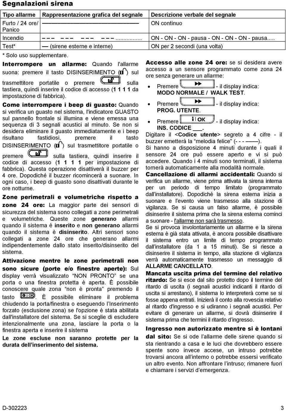 Interrompere un allarme: Quando l'allarme Accesso alle zone 24 ore: se si desidera avere accesso a un sensore programmato come zona 24 suona: premere il tasto DISINSERIMENTO ( ) sul ore senza