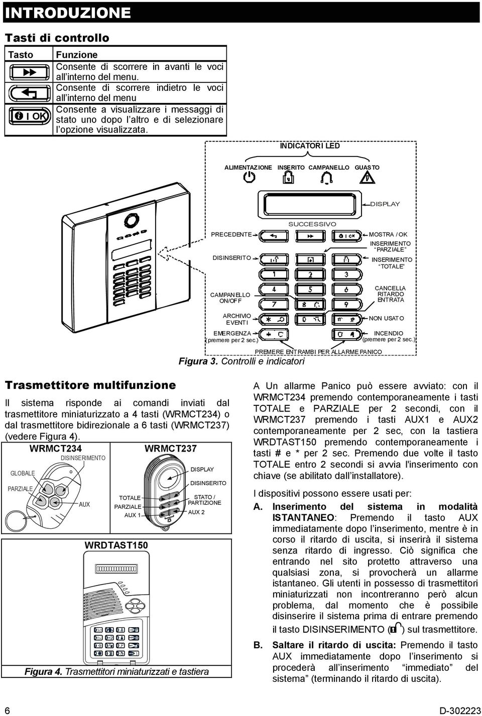 INDICATORI LED ALIMENTAZIONE INSERITO CAMPANELLO GUASTO DISPLAY PRECEDENTE DISINSERITO SUCCESSIVO MOSTRA / OK INSERIMENTO PARZ IALE INSERIMENTO TOTALE CAMPAN ELLO ON/OF F CANCELLA RITARDO ENTRATA