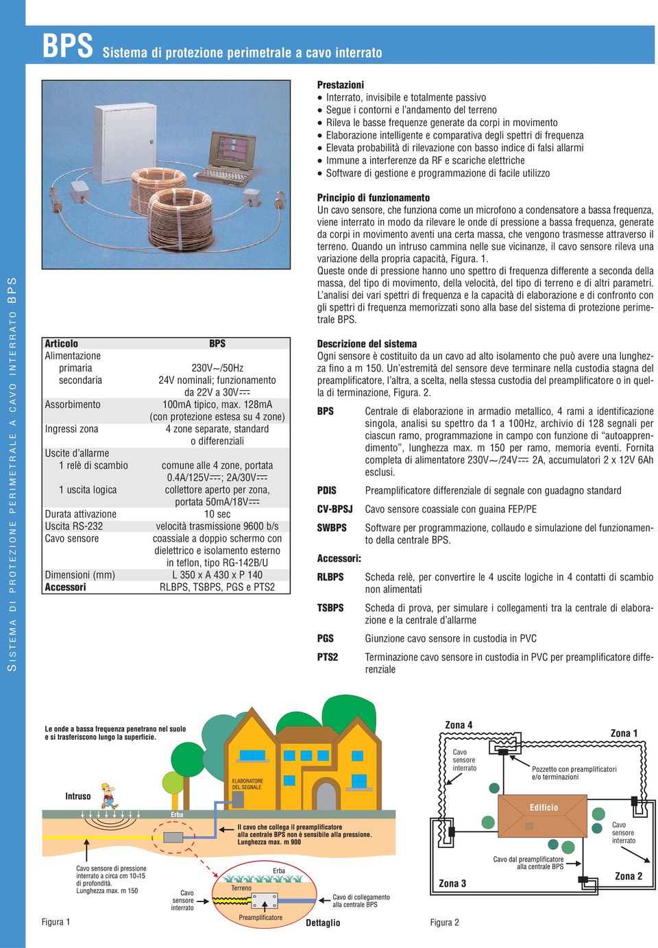 Software di gestione e programmazione di facile utilizzo S ISTEMA DI PROTEZIONE PERIMETRALE A CAVO INTERRATO BPS Alimentazione primaria secondaria Assorbimento Ingressi zona BPS 230V~/50Hz 24V