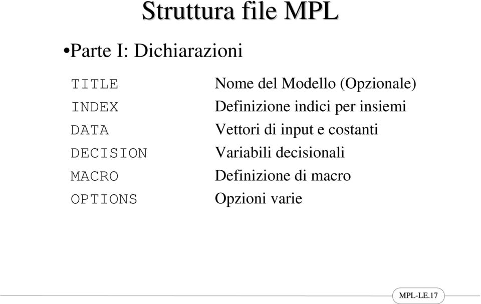 Definizione indici per insiemi Vettori di input e