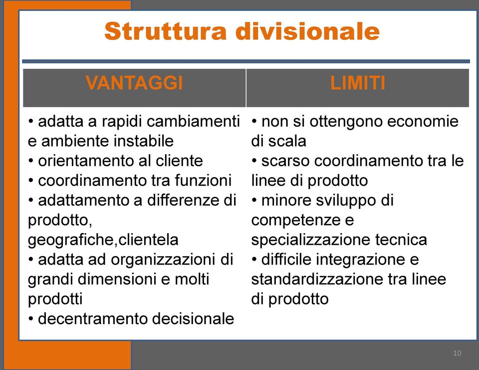 prodotti decentramento decisionale LIMITI non si ottengono economie di scala scarso coordinamento tra le linee di prodotto