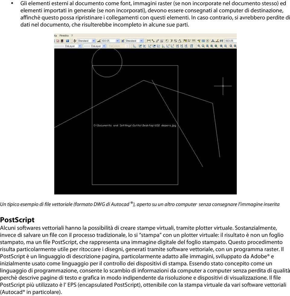 Un tipico esempio di file vettoriale (formato DWG di Autocad ), aperto su un altro computer senza consegnare l immagine inserita PostScript Alcuni softwares vettoriali hanno la possibilità di creare