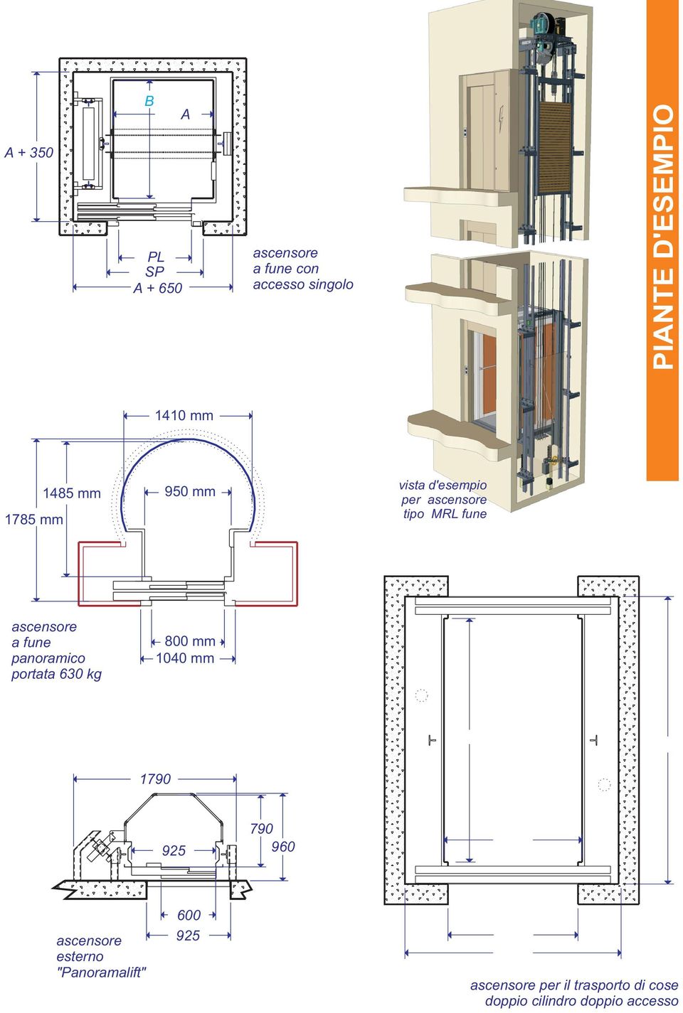 ascensore a fune panoramico portata 630 kg 800 mm 1040 mm 1790 925 790 960